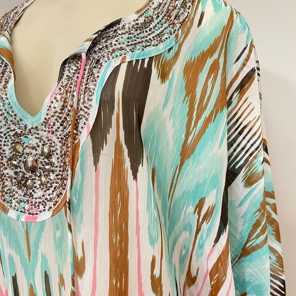 Anthropologie Beach Boho Hippie Embellished V-Neck Turquoise Tie Dye‎ kimono - Picture 4 of 13